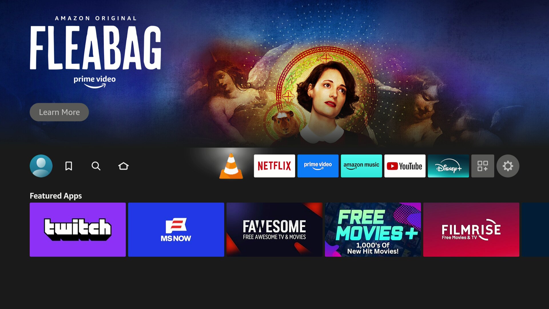The Vega OS home screen, with VLC installed