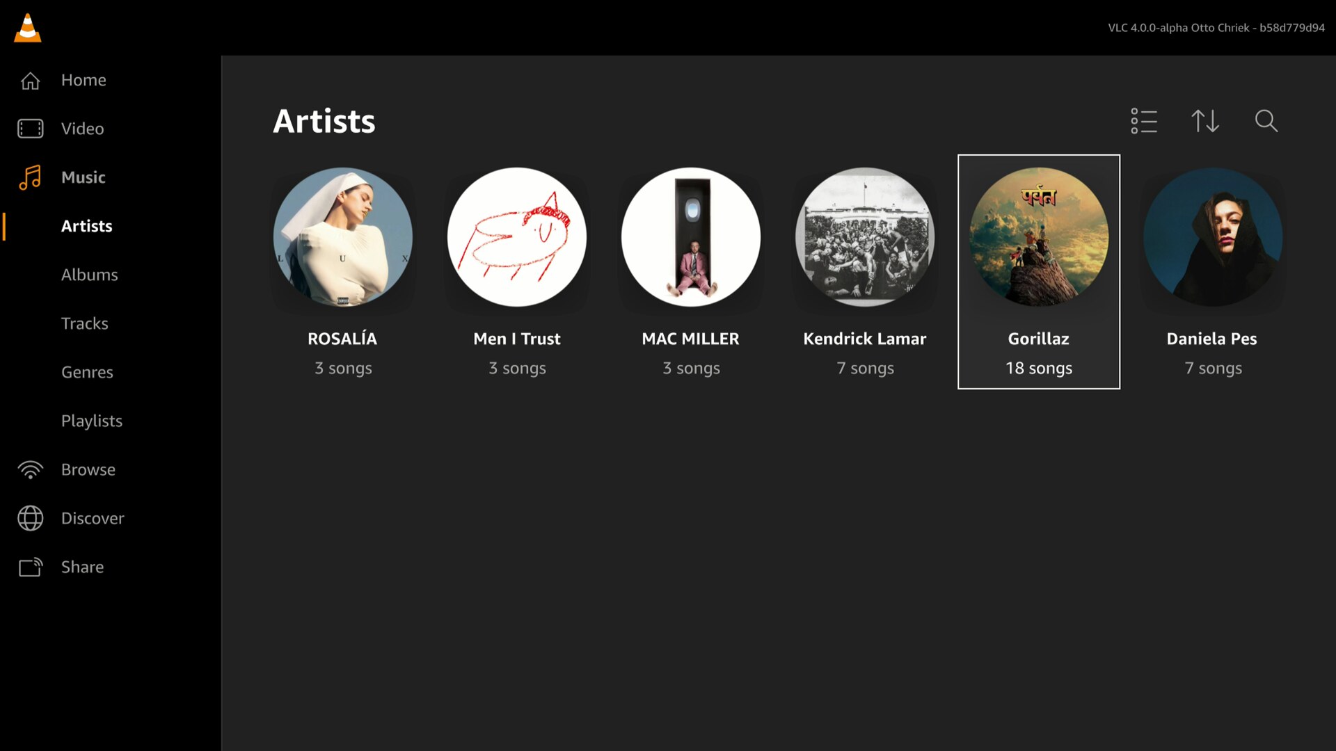 The music library, artists view