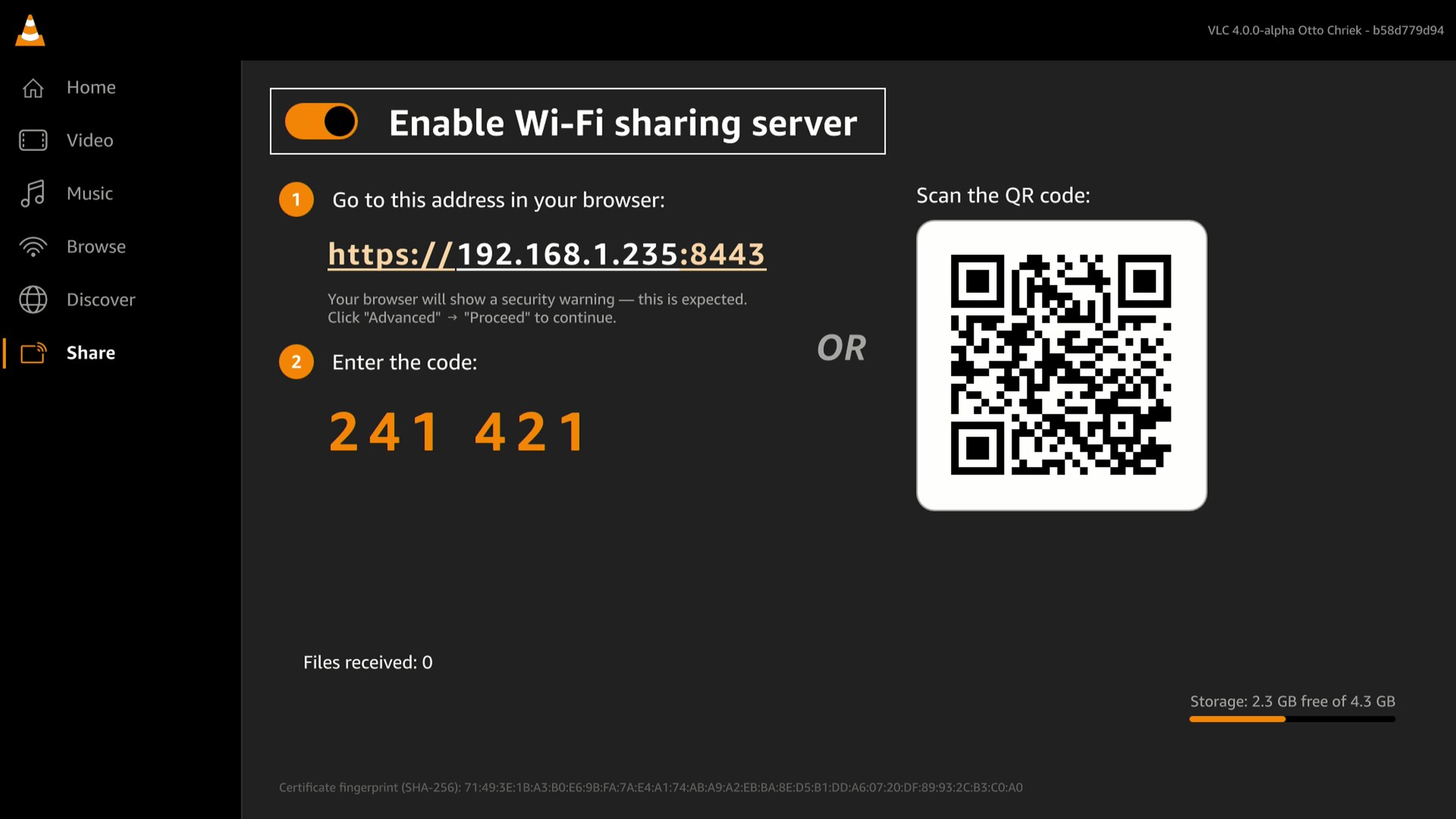 The Share tab, with the Wi-Fi sharing server enabled