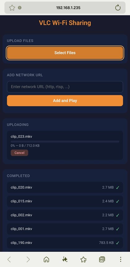 The VLC Wi-Fi Sharing page, uploading files from a phone